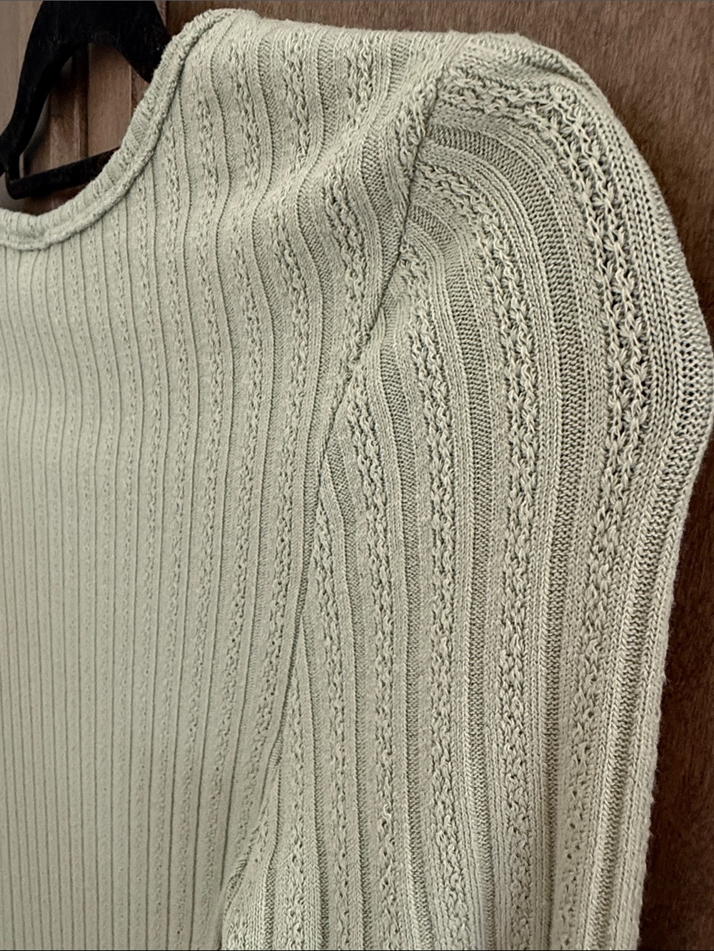 Sage split notched V neck, Flirty lettuce edge trim
